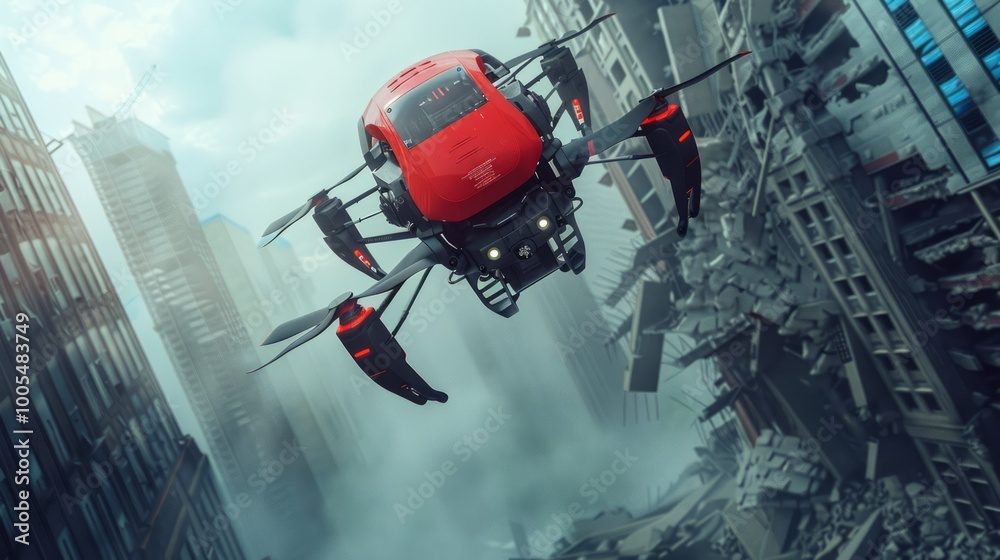 Futuristic Robot in Rescue Mission Over Collapsed City Futuristic Robot in Rescue Mission Over Collapsed City