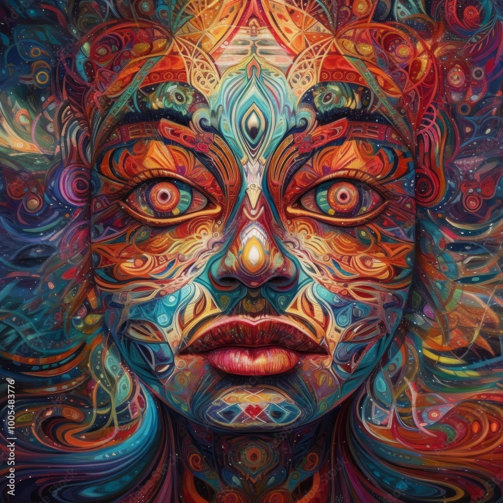 Naklejka premium A vibrant, abstract portrait featuring intricate patterns and colors.