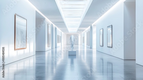 Modern art gallery interior with bright lighting and sleek design showcases artwork on white walls and polished floors.