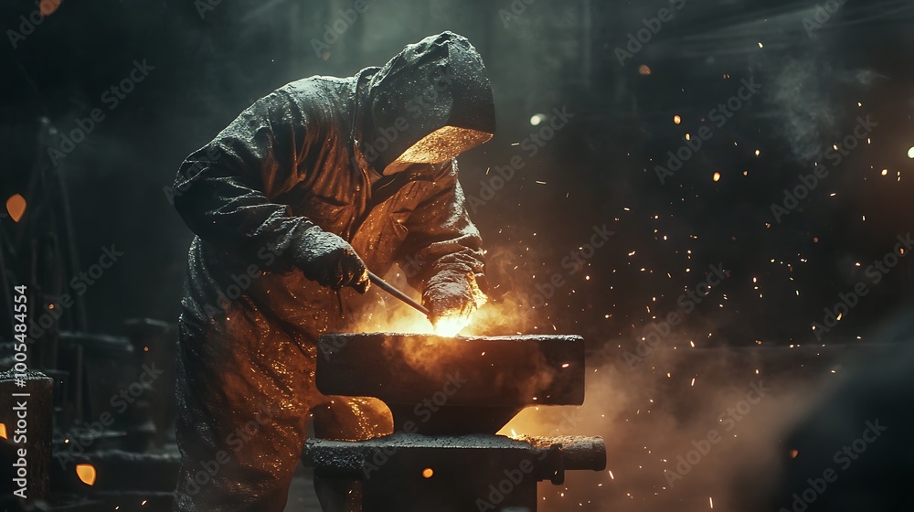 A steelworker covered in soot and sweat, hammering a piece of glowing metal on an anvil in a gritty, industrial workshop A steelworker covered in soot and sweat, hammering a piece of glowing metal on an anvil in a gritty, industrial workshop