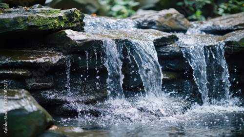 Flowing water over rocks, creating a serene natural scene.