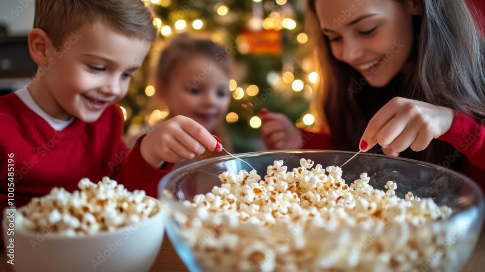Children and Woman Enjoying Popcorn in Front of a Christmas Tree Children and Woman Enjoying Popcorn in Front of a Christmas Tree