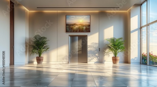 Elevator doorway opening to a bright interior, minimalist corporate design. 3D Rendering 