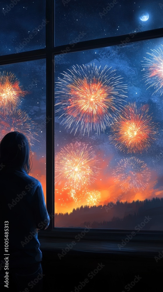 A person gazes at a stunning fireworks display outside a window, creating a magical night scene filled with vibrant colors.
