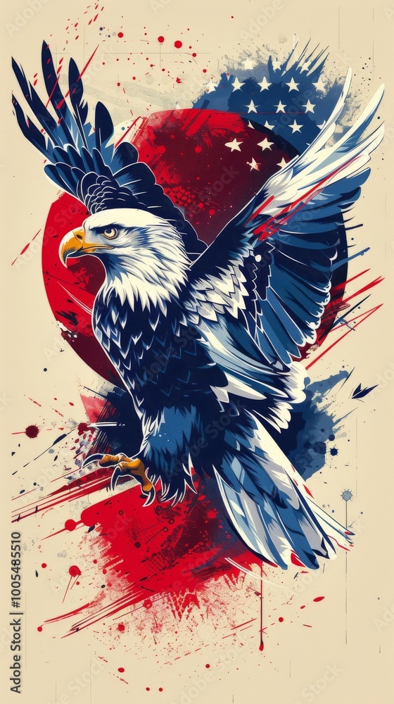 Obraz premium Dynamic and colorful illustration of a bald eagle in flight with an American flag backdrop, symbolizing freedom and patriotism.