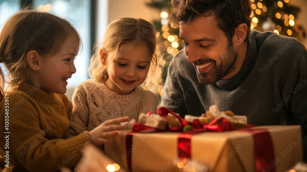 Father and Daughters Opening a Christmas Gift Together Father and Daughters Opening a Christmas Gift Together