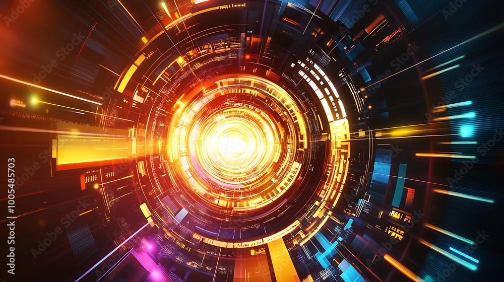 custom made wallpaper toronto digitalAbstract digital tunnel with bright glowing light in center.