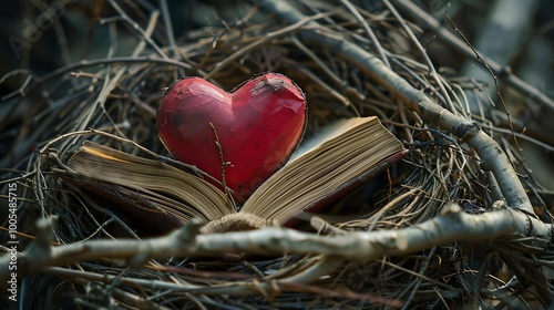 A heart shaped book nestled in a nest of twigs