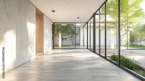 Modern interior hallway with glass walls, showcasing natural light and greenery, creating a serene and inviting atmosphere.