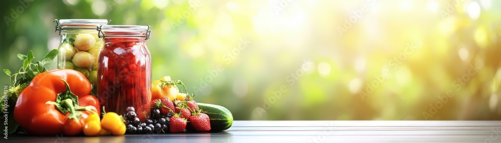 Fresh vegetables and jars filled with homemade preserves on a wooden table. Fresh vegetables and jars filled with homemade preserves on a wooden table.