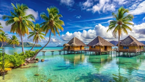 Panoramic French Polynesia Overwater Bungalows and Palm Trees