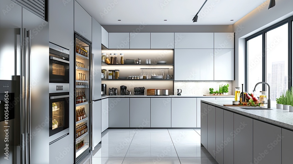 Modern kitchen interior with sleek cabinets, organized storage, and stylish appliances, creating a functional and aesthetic cooking space. Modern kitchen interior with sleek cabinets, organized storage, and stylish appliances, creating a functional and aesthetic cooking space.
