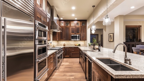 Modern kitchen interior with sleek appliances and elegant wood cabinetry, featuring a spacious layout and stylish design. photo