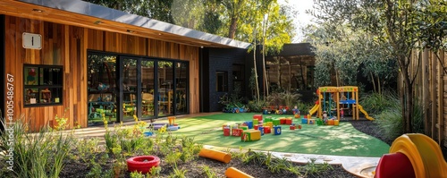 A green-certified children's daycare with toys made from sustainable materials and an outdoor play area with native plants and recycled rubber surfacing