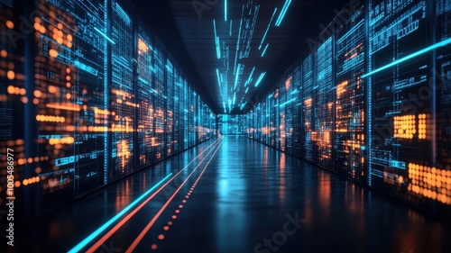 Futuristic data center corridor with glowing blue and orange light patterns.