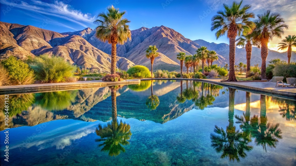 Obraz premium Palm Trees Reflected in a Pool of Tranquility, Mountains as a Backdrop