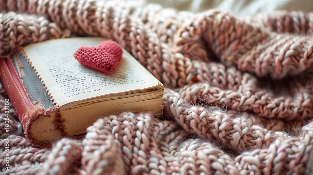 A heart shaped book resting on a pile of soft blankets A heart shaped book resting on a pile of soft blankets