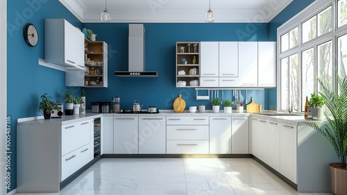 Modern kitchen with sleek cabinets, blue walls, and natural light, creating a stylish and inviting cooking space.