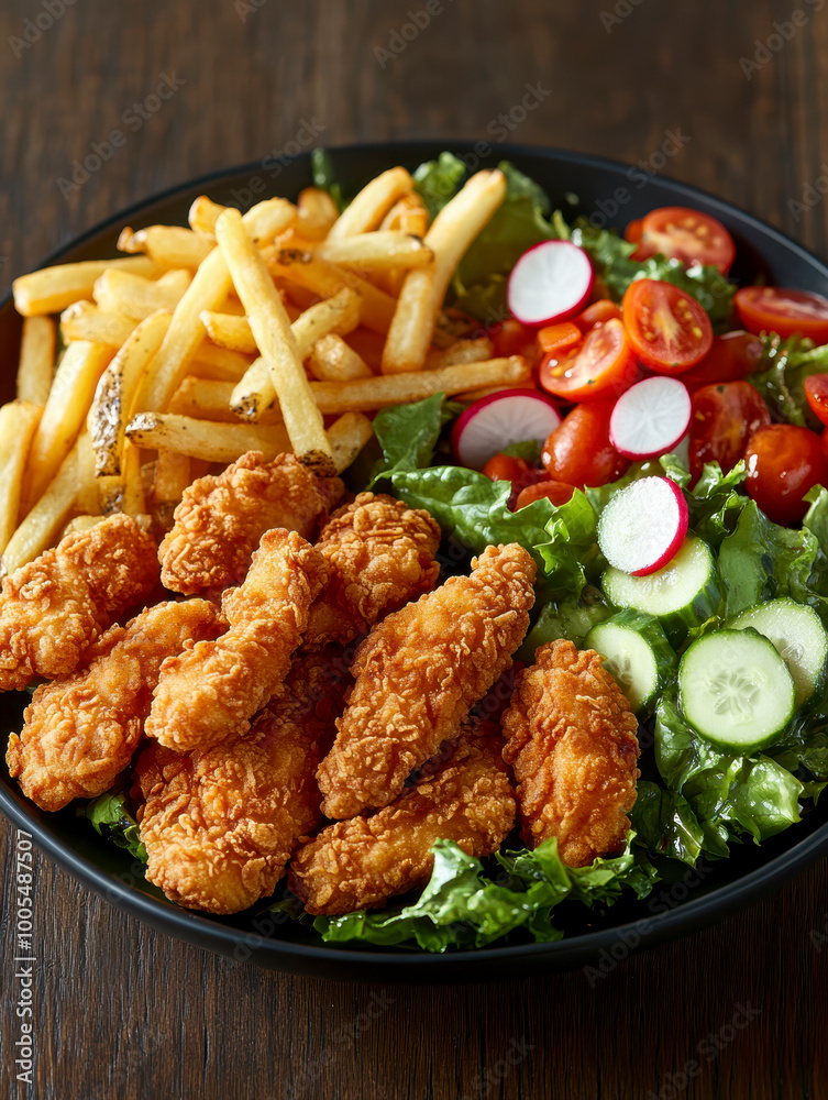 a plate of crispy, golden chicken tenders and seasoned fries. AI generative. a plate of crispy, golden chicken tenders and seasoned fries. AI generative.