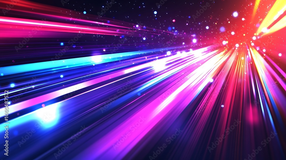 Fototapeta premium Abstract background with colorful light streaks and glowing particles.