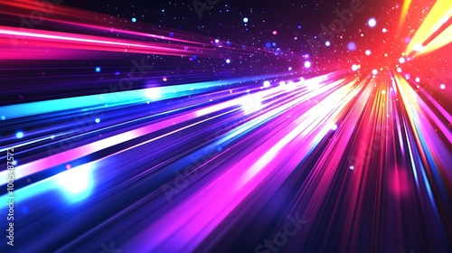 Abstract background with colorful light streaks and glowing particles.