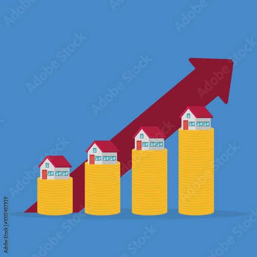 Arrows rise up above the house. The concept of growth in demand for real estate. Increase in the value of property	