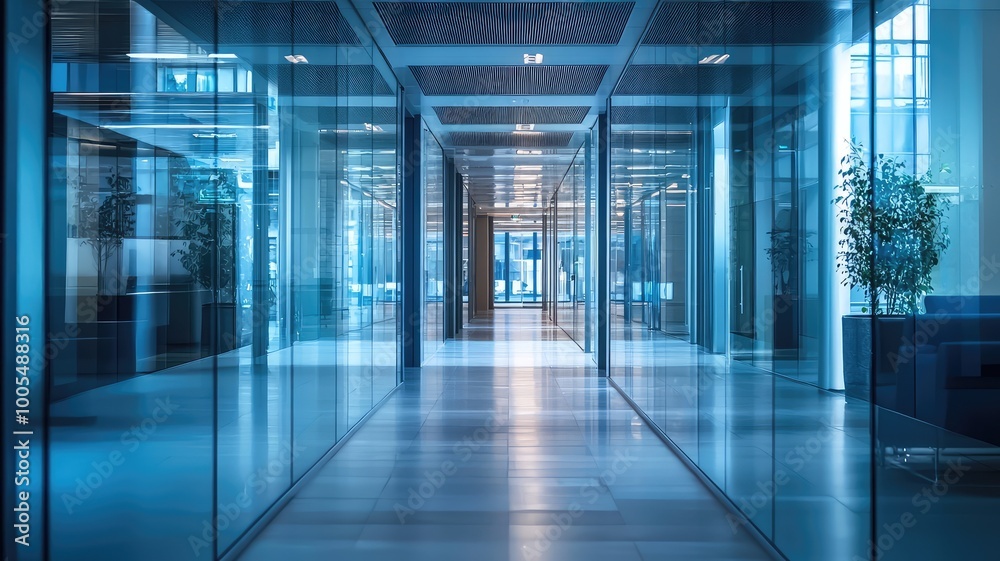 Modern office corridor featuring glass walls and elegant design with natural light enhancing the workspace ambiance. Modern office corridor featuring glass walls and elegant design with natural light enhancing the workspace ambiance.