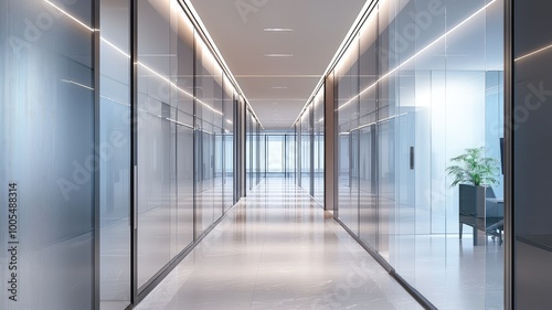 Wallpaper Mural Modern office corridor featuring glass walls, sleek design, and natural light, creating an inviting professional atmosphere. Torontodigital.ca