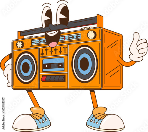 Cartoon retro groovy tape recorder character featuring classic design with buttons, dials, and speakers. Isolated vector vintage boombox personage in sneakers and gloves, smiles and flashing thumbs-up