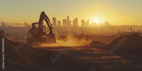  Excavator Operating at Construction Site During Sunset photo