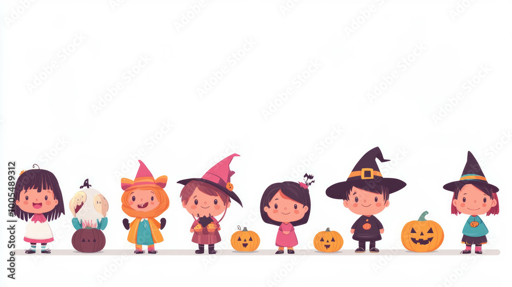 Simple and high-quality illustration of children in Halloween costumes. AI generative.. Simple and high-quality illustration of children in Halloween costumes. AI generative..