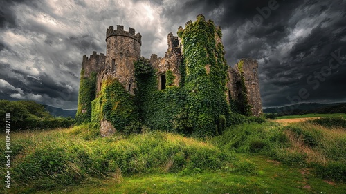 Mysterious ivy-covered castle under dramatic stormy sky, surrounded by lush greenery and a sense of history waiting to be uncovered. photo