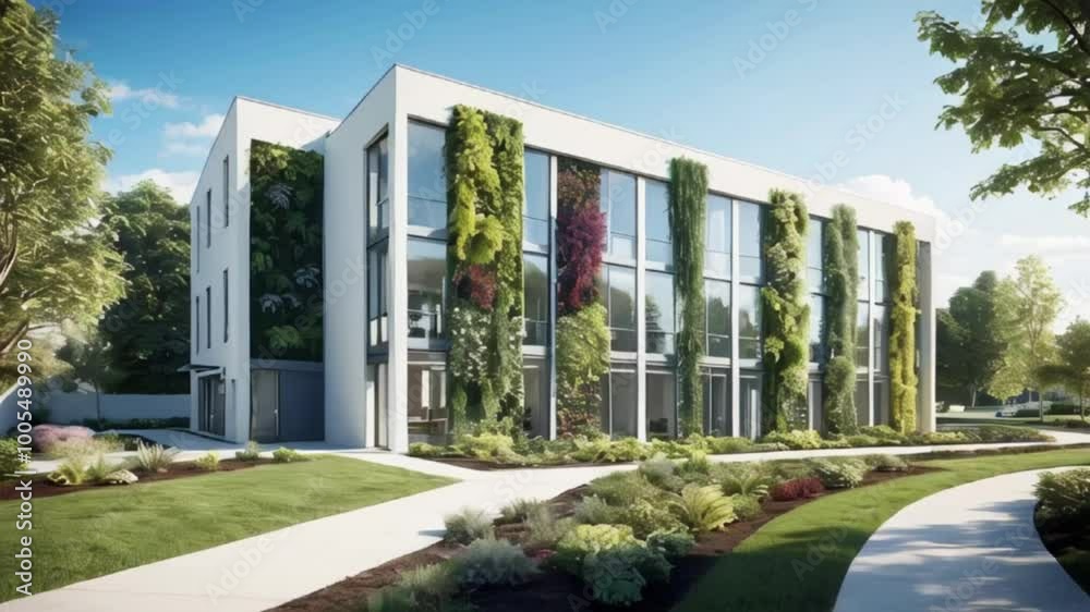 A modern architectural building with a sleek design features multiple floors and large glass windows. The façade is adorned with vertical greenery created with generation ai A modern architectural building with a sleek design features multiple floors and large glass windows. The façade is adorned with vertical greenery created with generation ai