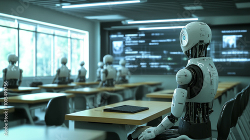 Modern classroom integrating humans and robots for learning. AI generative.. photo