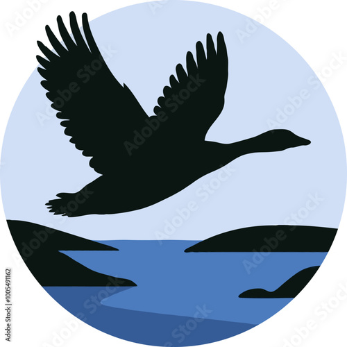 Flying goose silhouette icon on water landscape