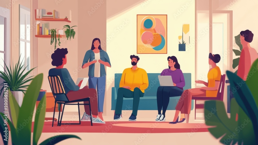 Group of diverse individuals engaged in discussion in a modern living room setting. Group of diverse individuals engaged in discussion in a modern living room setting.