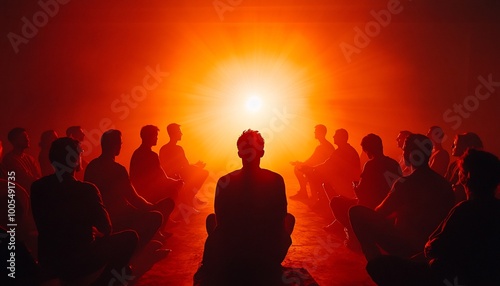 Silhouettes of people sitting in a circle, facing an intense light source, in a dimly lit room.