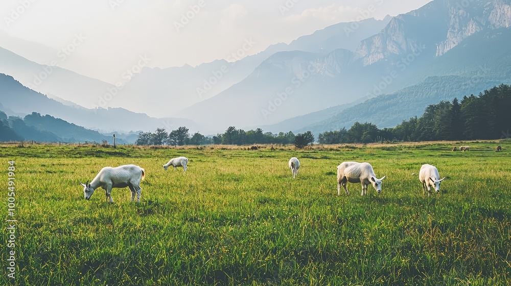 Obraz premium Serene landscape with grazing cows, mountains in the background, and lush green grass, capturing nature's tranquility.