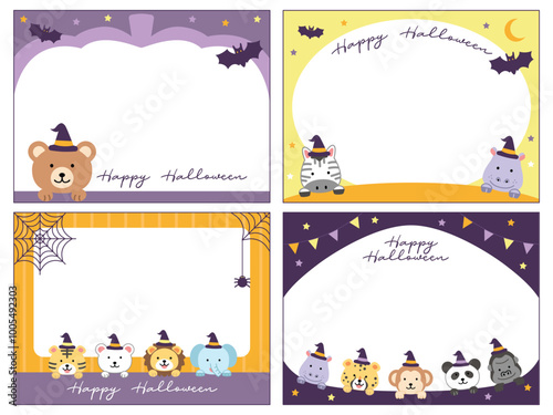 Happy halloween cards animal cute kawaii illustration memo note greeting wishes set ornament frame decorative witch hat kids