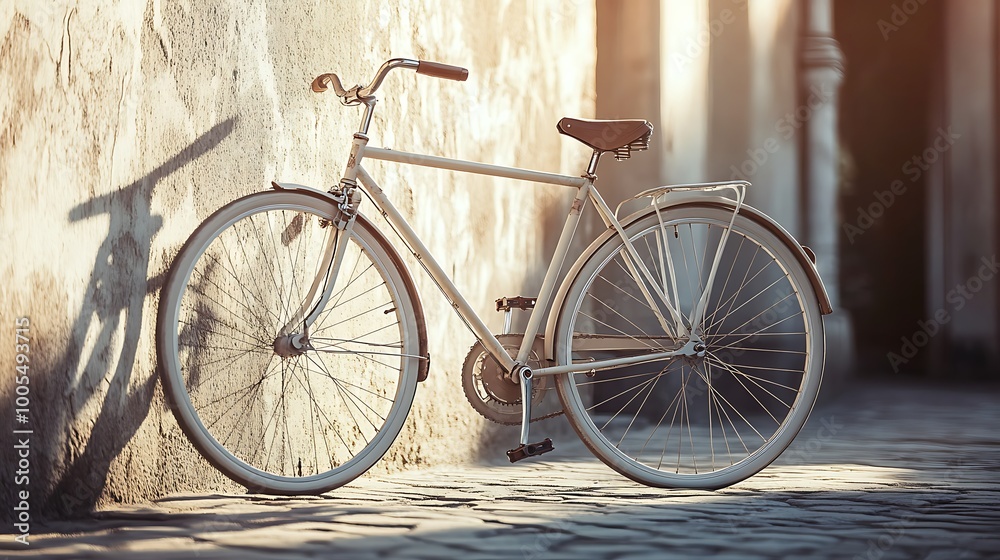 close-up shot of a classic bicycle parked against a rustic wall, with soft sunlight illuminating the details, conveying a sense of simplicity and freedom in transport close-up shot of a classic bicycle parked against a rustic wall, with soft sunlight illuminating the details, conveying a sense of simplicity and freedom in transport