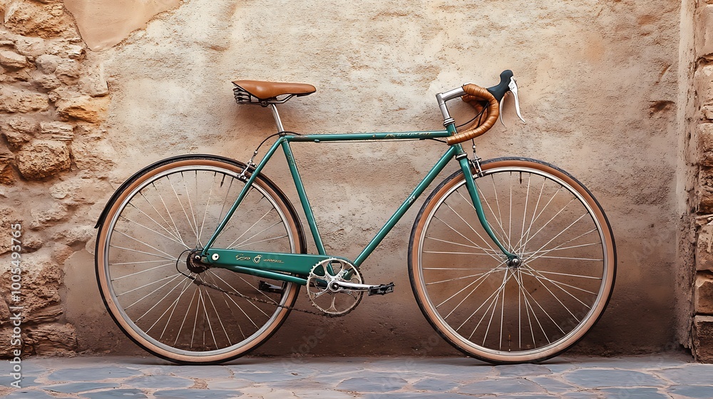 close-up shot of a classic bicycle parked against a rustic wall, with soft sunlight illuminating the details, conveying a sense of simplicity and freedom in transport close-up shot of a classic bicycle parked against a rustic wall, with soft sunlight illuminating the details, conveying a sense of simplicity and freedom in transport
