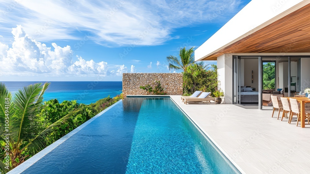 Fototapeta premium Stunning modern villa with infinity pool, overlooking the ocean and surrounded by tropical greenery under a bright blue sky.