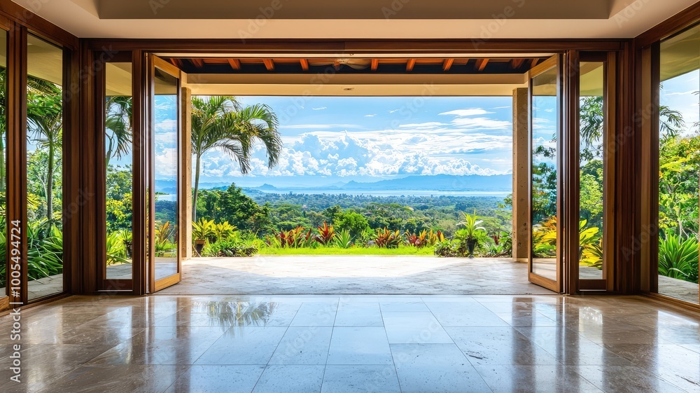 Stunning view from a modern interior space showcasing lush greenery and mountains under a bright sky. Stunning view from a modern interior space showcasing lush greenery and mountains under a bright sky.