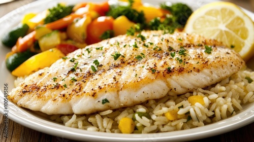 Blackened catfish fillet served with rice and vegetables, garnished with parsley photo