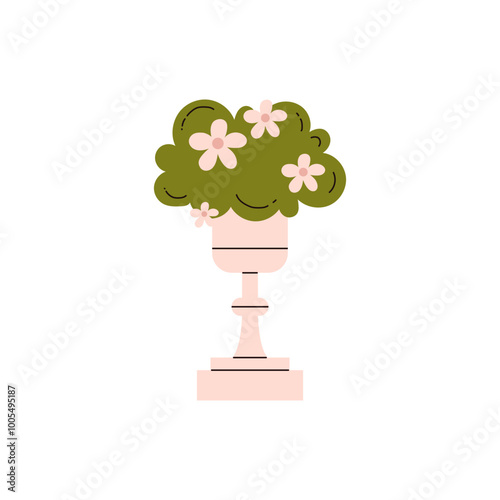 Beautiful white flowers bouquet in pot on stand, vector blossom wedding venue decoration romantic potted chamomile plant