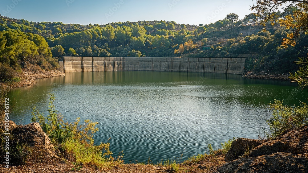 Fototapeta premium Tranquil lake surrounded by lush greenery, capturing the beauty of nature and serene reflections on calm water.