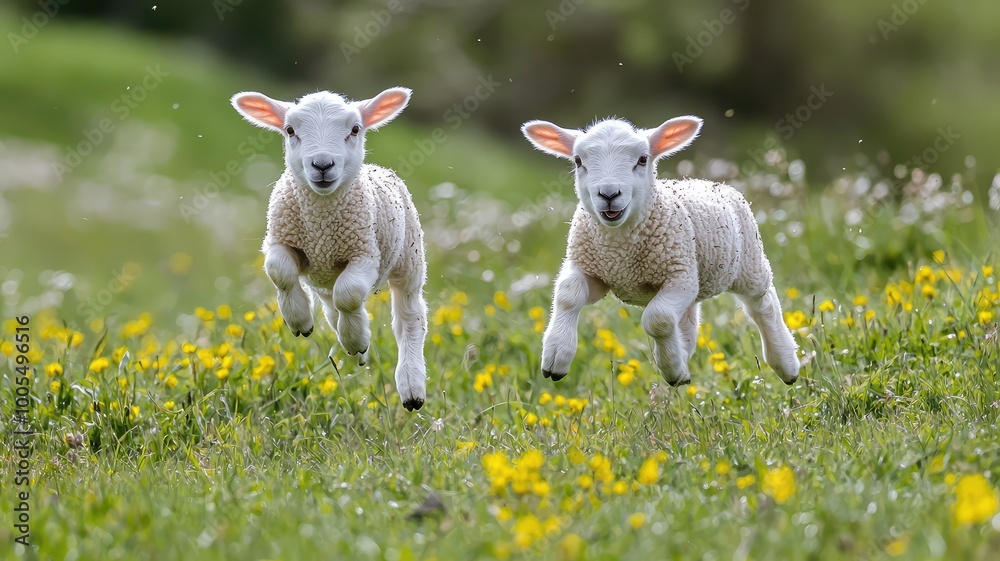 Two playful lambs frolic joyfully in a vibrant flower-filled meadow under a bright blue sky.