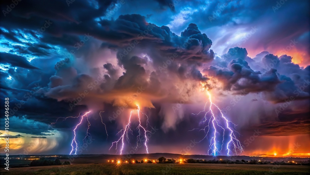 Fototapeta premium Panoramic stormy night sky with lightning bolts and dark clouds