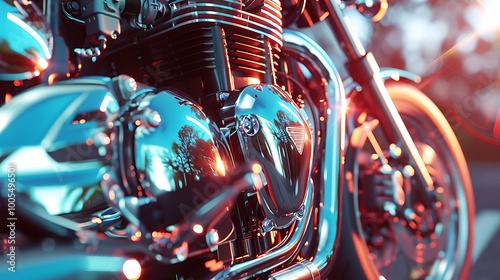 Zoom in on motorcycle engine fins with light reflections