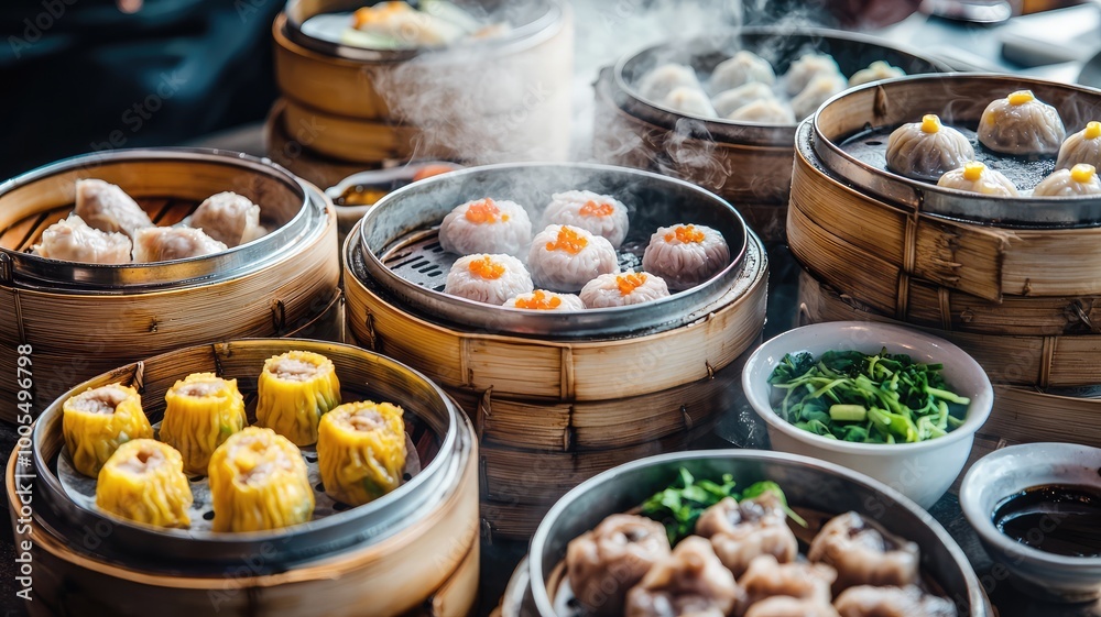 Vibrant assortment of steamed dumplings served in bamboo baskets, showcasing the art of Asian culinary tradition. Vibrant assortment of steamed dumplings served in bamboo baskets, showcasing the art of Asian culinary tradition.